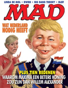 De cover van het eerste nummer van MAD van vorig jaar. Inmiddels is de nieuwe reeks alweer stopgezet wegens tegenvallende verkoopcijfers. 