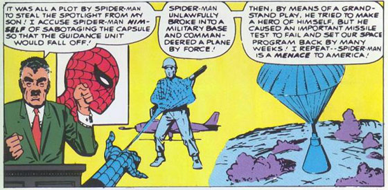 Uit Amazing Spider-Man #01. Illustratie: Steve Ditko. Script: Stan Lee. 