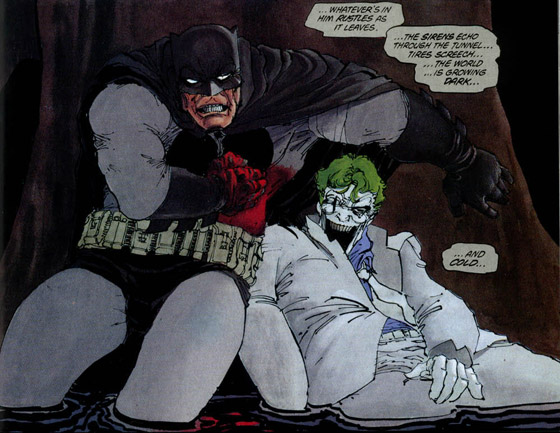 In 'Return of the Dark Knight' draait de Joker uiteindelijk zijn eigen nek maar om. Illustratie: Frank Miller. 