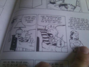 Caroline leest Calvin & Hobbes. 