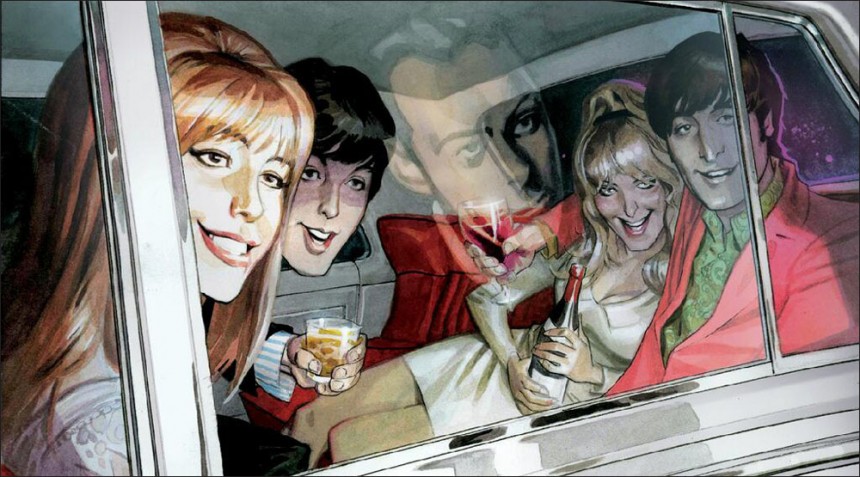 The Beatles having a grand ol time. In the reflection of the car window we see Brian Epstein, staying behind. 