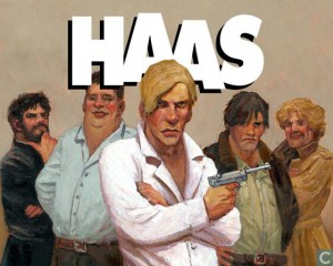 De cast van haas geschilderd door Fred de Heij. Helemaal links: Haas, de blonde van Donkersloot in het midden. 