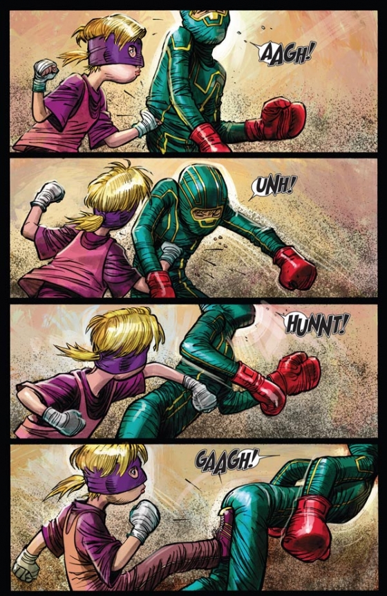 Hit-Girl brengt Kick-Ass wat gevechtstechnieken bij. Illustratie: John Romita Jr. 