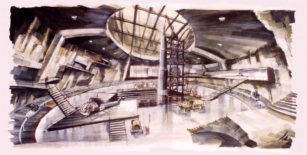 Concept art interieur vulkaan uit 'You Only Live Twice' Ken Adam. Bron: http://illustrated007.blogspot.nl/2011/04/ken-adam-art.html